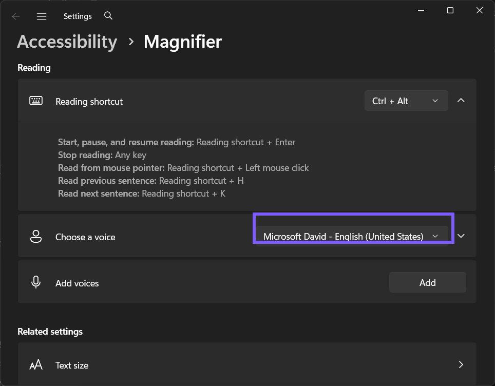 Magnifier Choose a voice restored to Microsoft David - English (United States) in Windows 11