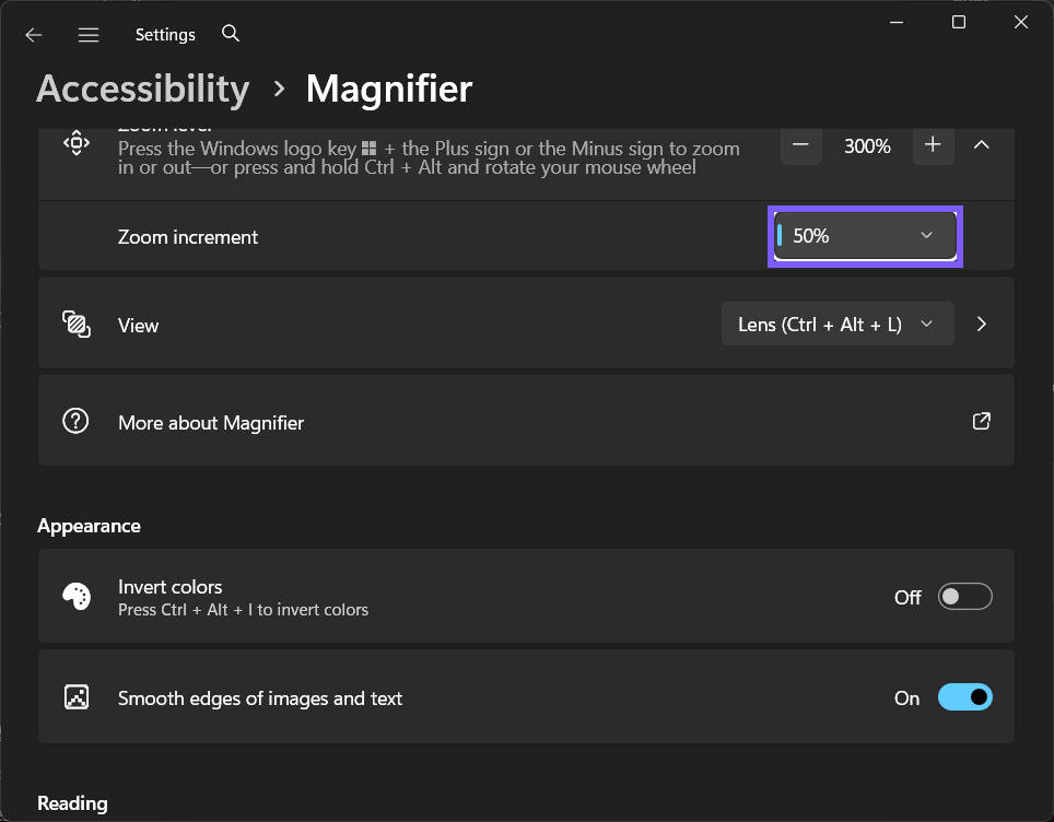 Magnifier Zoom increment changed to 50% in Windows 11