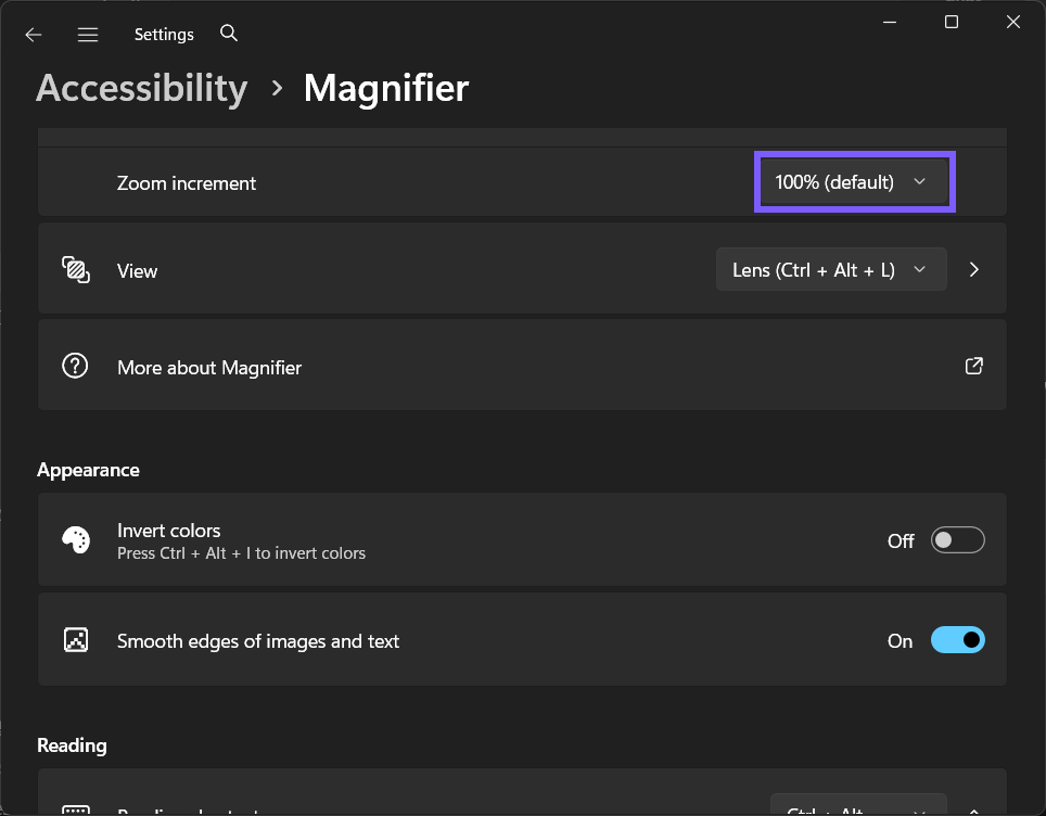 Magnifier Zoom increment restored to 100% (default) in Windows 11