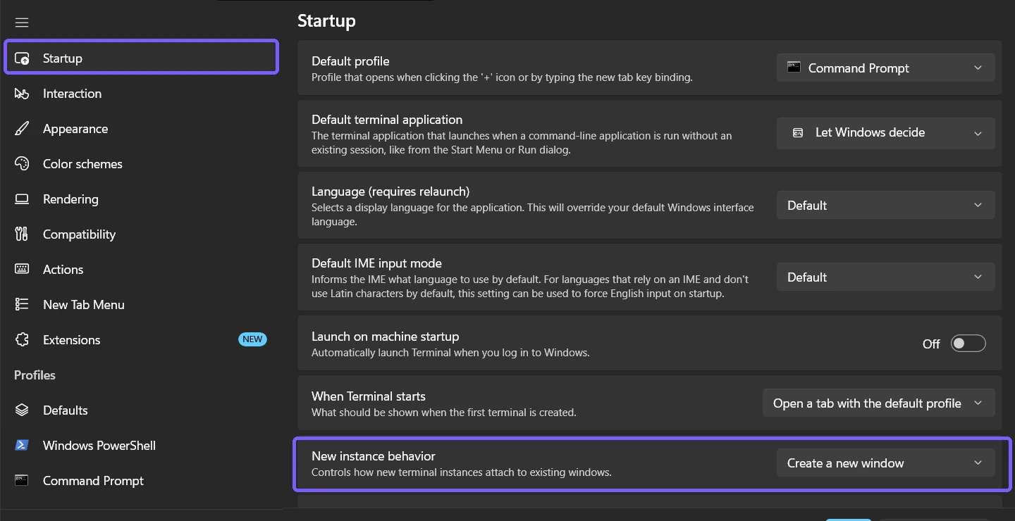 Windows Terminal Startup settings with Startup and New instance behavior outlined in purple