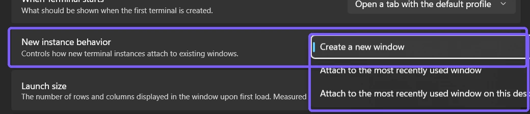 Windows Terminal New instance behavior dropdown with its three choices outlined in purple