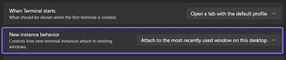 Windows Terminal set to attach new instances to the most recently used window on this desktop, outlined in purple