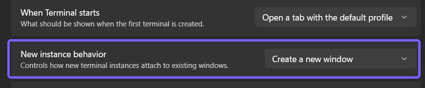 Fresh Windows Terminal Settings showing New instance behavior restored to Create a new window and outlined in purple
