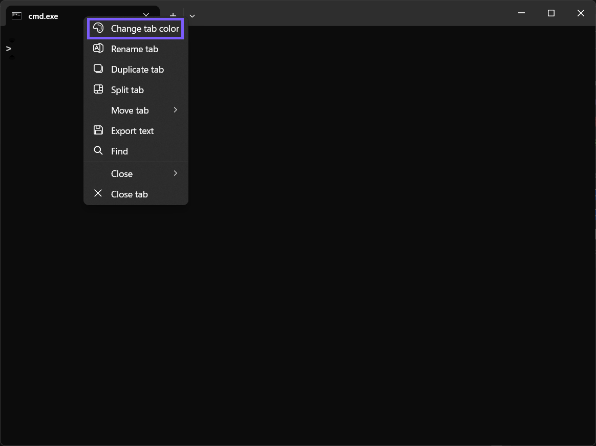 Windows Terminal context menu with Change tab color outlined in purple