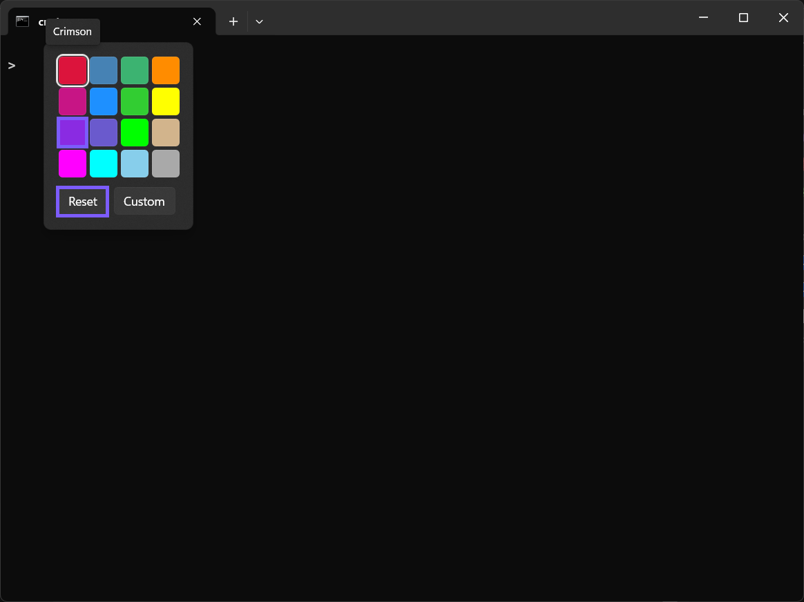 Windows Terminal tab color picker with BlueViolet and Reset outlined in purple