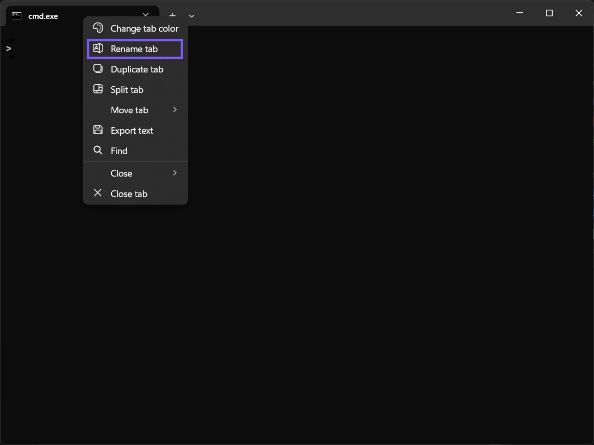 Windows Terminal tab context menu with Rename tab outlined in purple