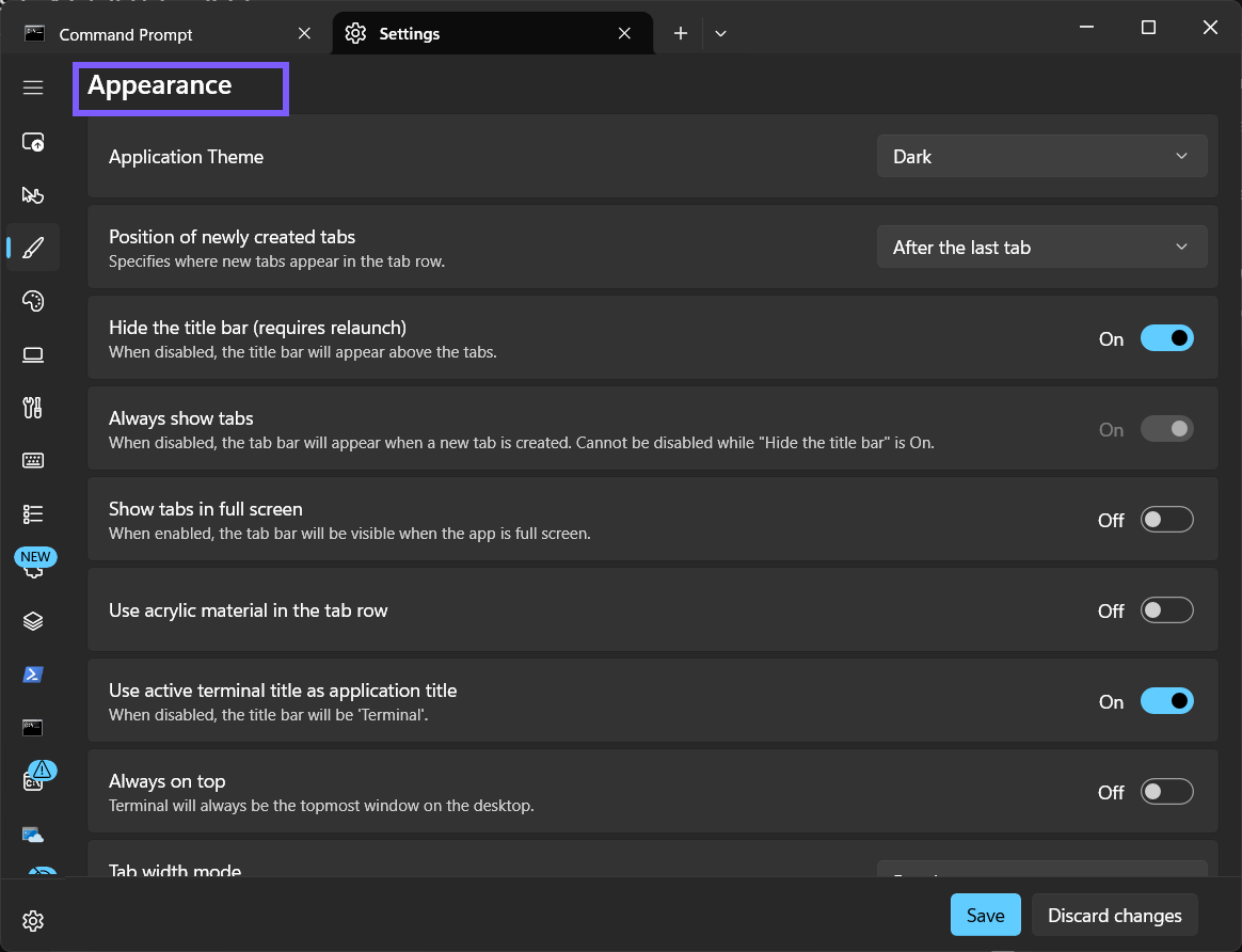 Windows Terminal Appearance settings heading outlined in purple