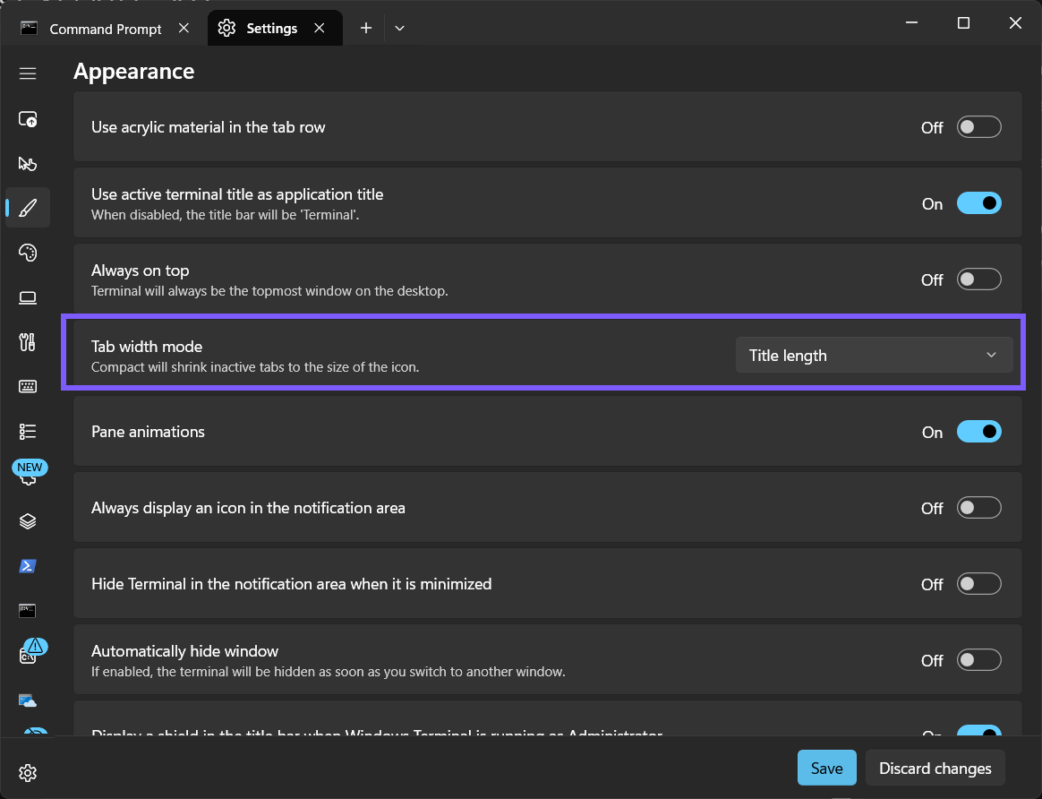 Windows Terminal Tab width mode set to Title length and outlined in purple