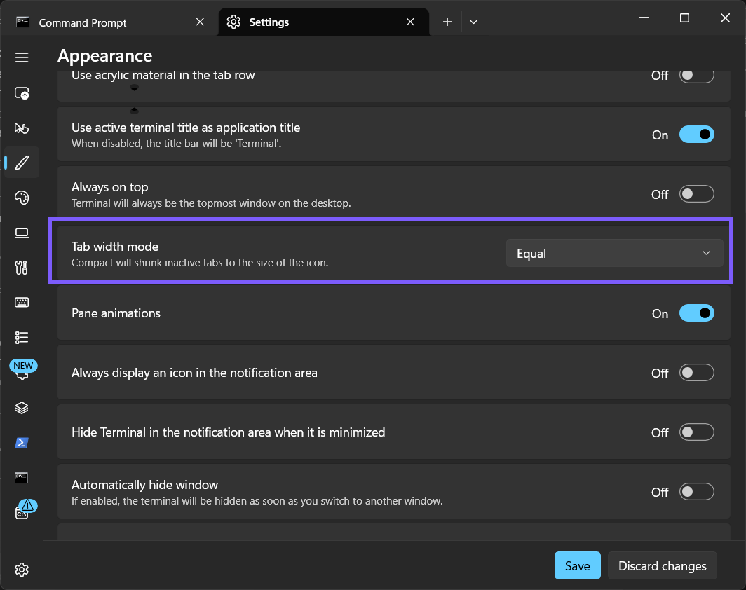 Fresh Windows Terminal Appearance settings showing Tab width mode restored to Equal and outlined in purple