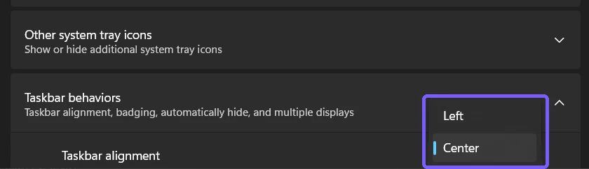 Taskbar alignment menu showing Left and Center choices outlined in purple