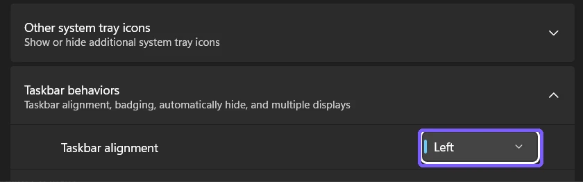 Windows 11 Taskbar alignment control set to Left and outlined in purple