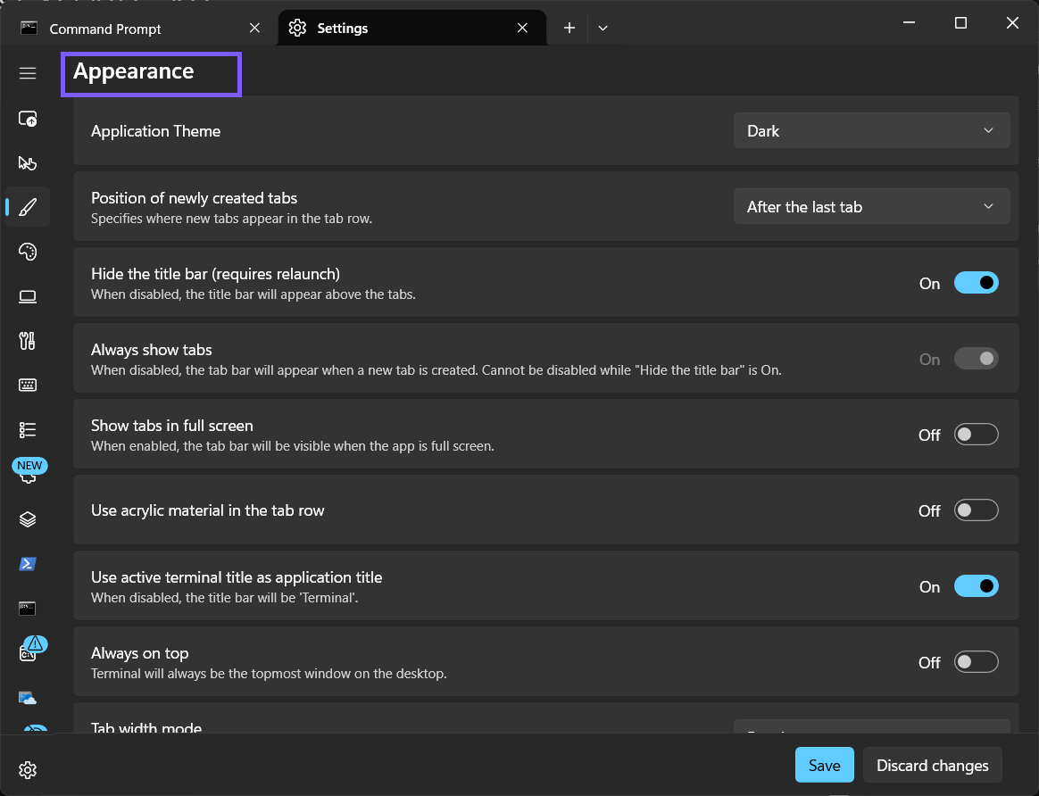 Windows Terminal Appearance settings heading outlined in purple