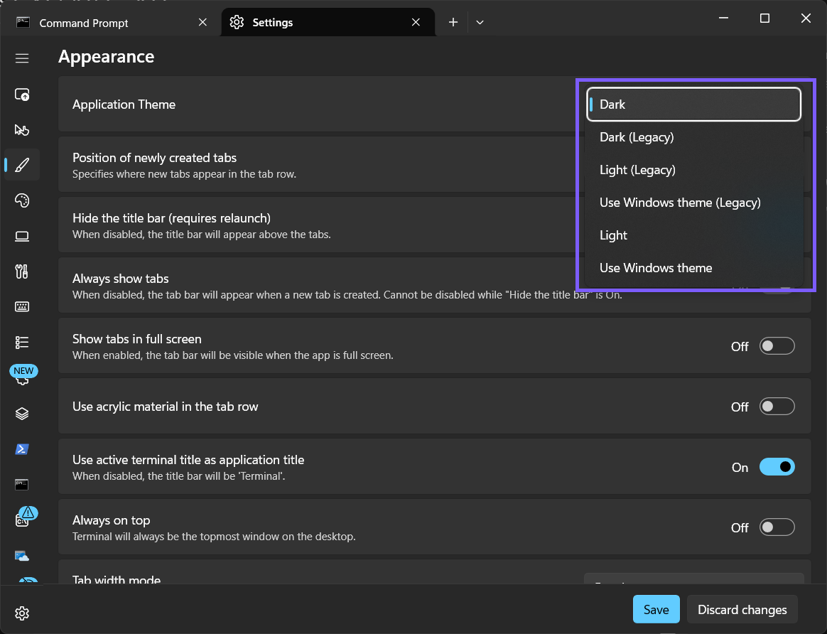 Windows Terminal Application Theme menu options outlined in purple