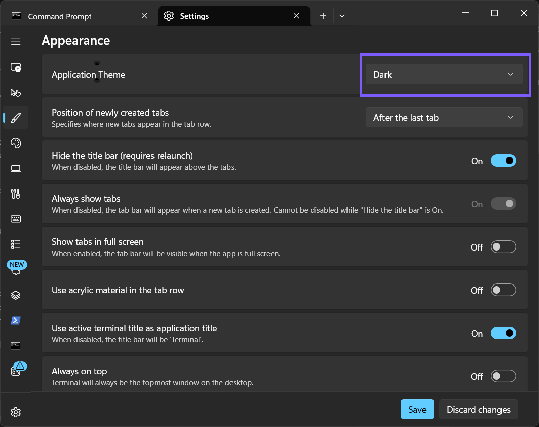 Fresh Windows Terminal Appearance settings showing Application Theme restored to Dark and outlined in purple