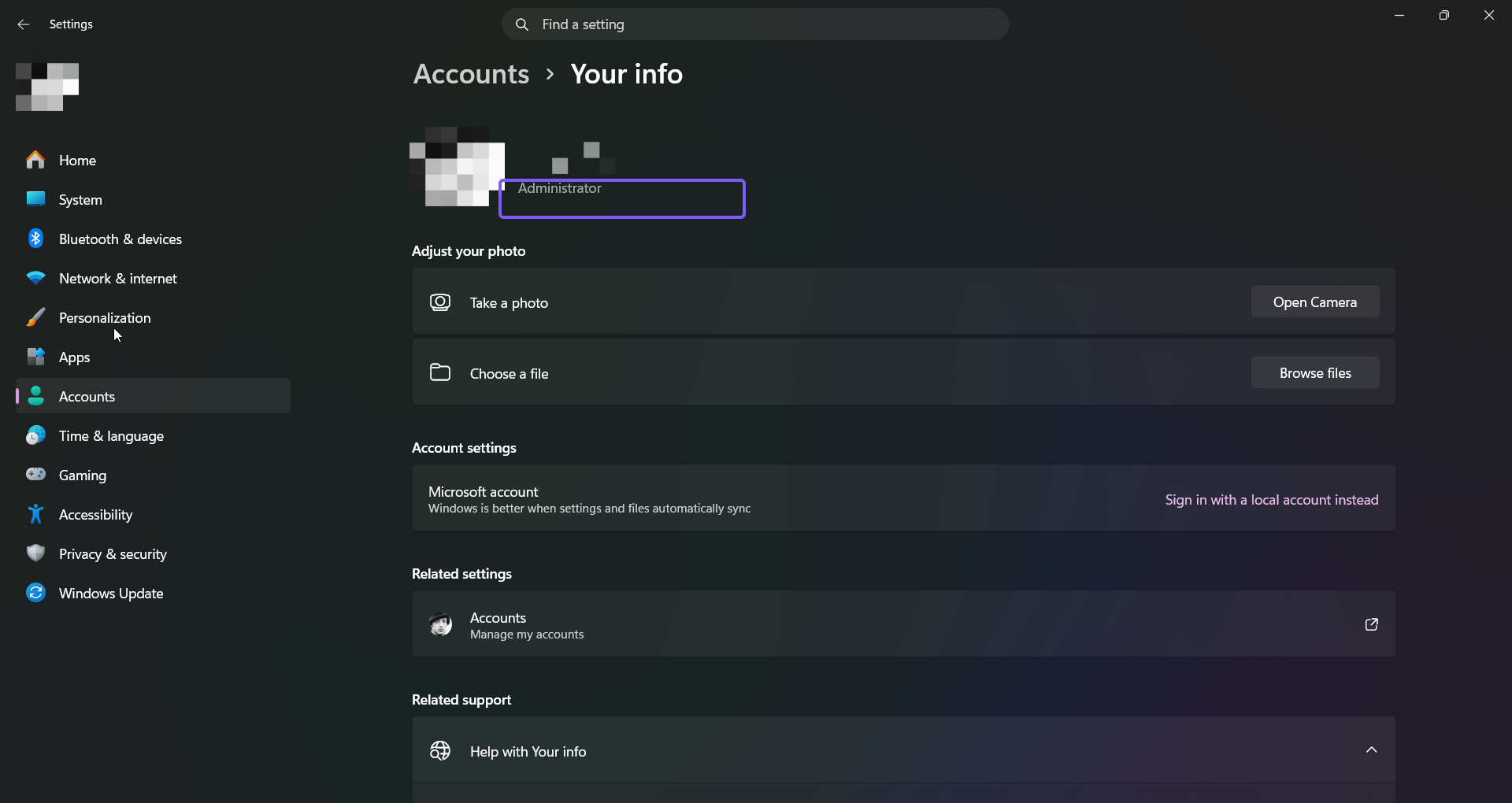 Windows 11 Accounts Your info page with the Administrator label highlighted in purple