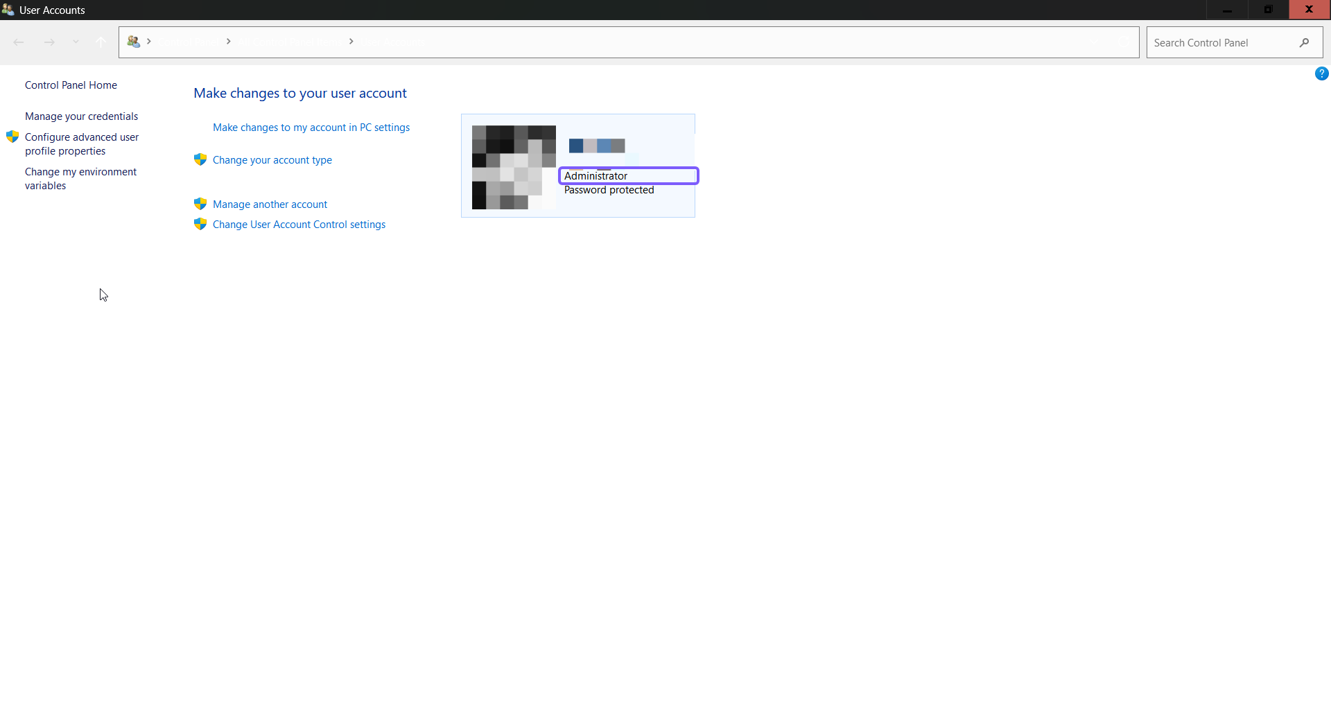 Control Panel User Accounts page with the Administrator account type highlighted in purple