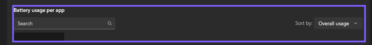 Windows 11 Battery usage per app section with Search and Overall usage controls outlined in WinSides purple and the private app count redacted
