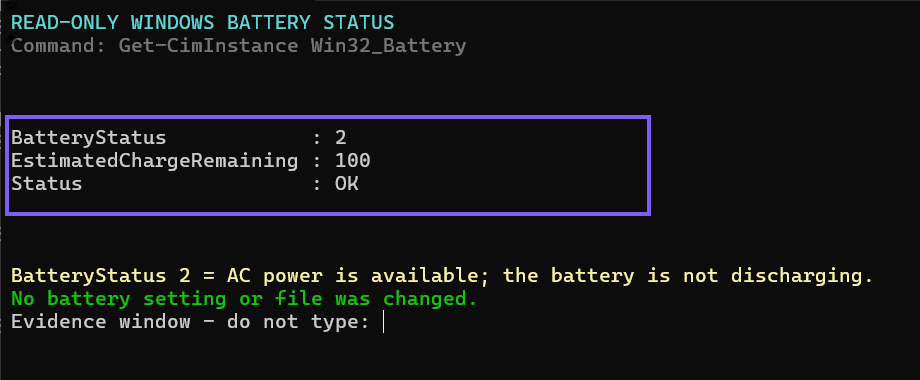 Windows PowerShell showing BatteryStatus, EstimatedChargeRemaining, and Status outlined in WinSides purple