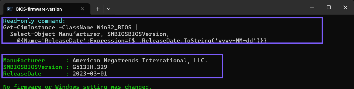 PowerShell showing a focused Win32 BIOS query and the firmware manufacturer version and release date outlined in purple
