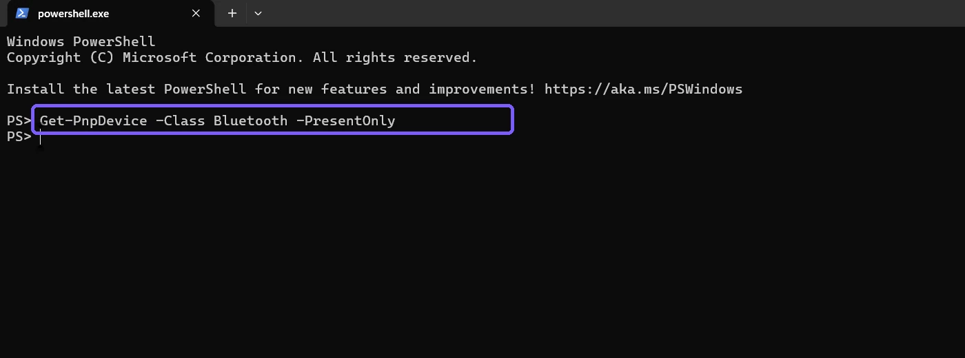 PowerShell showing the present Bluetooth device inventory command
