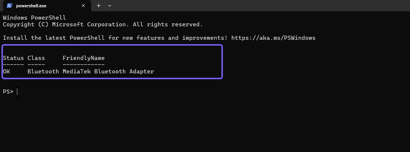 PowerShell result identifying the MediaTek Bluetooth Adapter