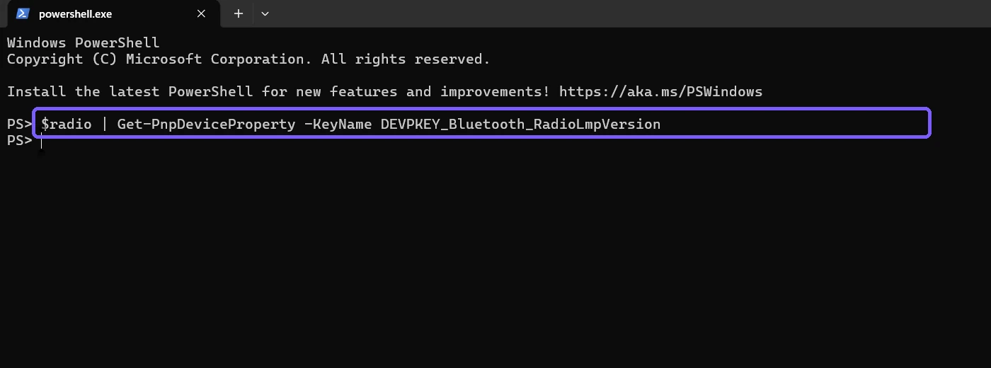 PowerShell showing the Bluetooth RadioLmpVersion property query