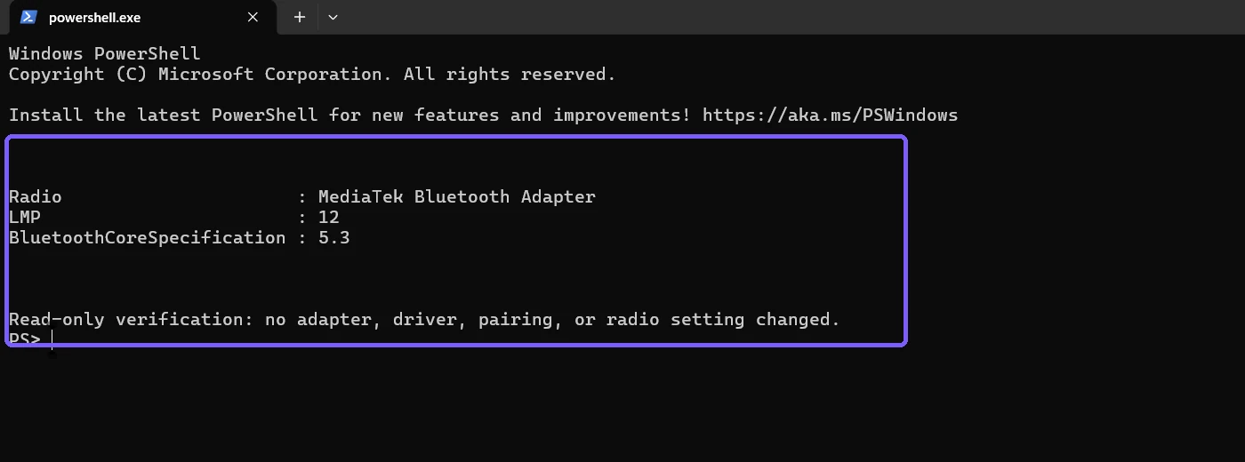 PowerShell result showing LMP 12 and Bluetooth Core Specification 5.3