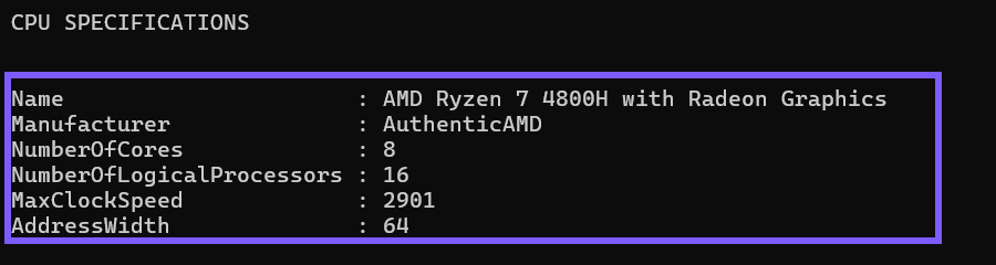 Windows PowerShell showing a processor name, manufacturer, core count, logical processor count, maximum clock speed, and address width outlined in WinSides purple