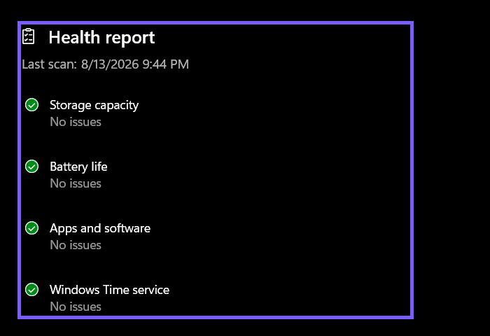 Windows 11 Device performance and health report showing storage, battery, apps, and Windows Time service with no issues outlined in WinSides purple