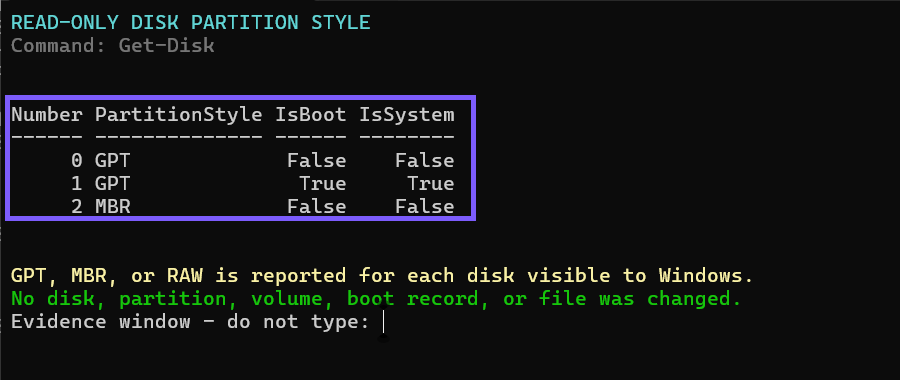 Windows PowerShell showing GPT and MBR partition styles for three disks outlined in WinSides purple