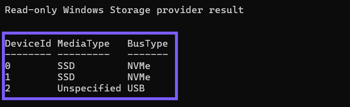 Windows PowerShell showing SSD and NVMe values for two disks and Unspecified and USB for a third, outlined in WinSides purple