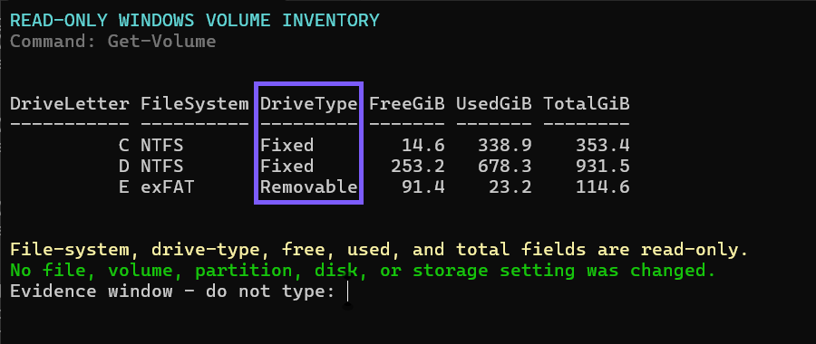 Windows PowerShell showing Fixed and Removable drive types with the DriveType column outlined in WinSides purple
