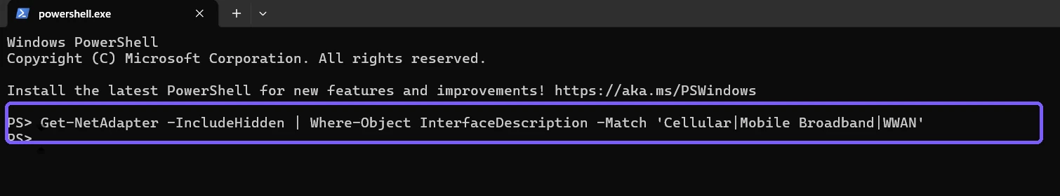 Narrow cellular Get-NetAdapter query outlined in purple