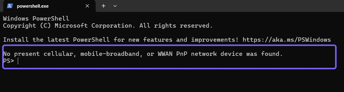 No present cellular mobile broadband or WWAN PnP device result outlined in purple