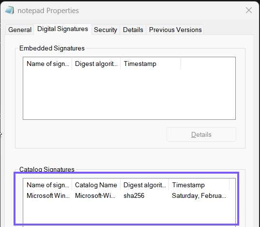 Notepad Properties Digital Signatures tab showing a Microsoft Windows catalog signature outlined in WinSides purple