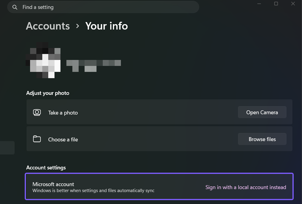Windows 11 Accounts Your info page with the Microsoft account card highlighted in purple