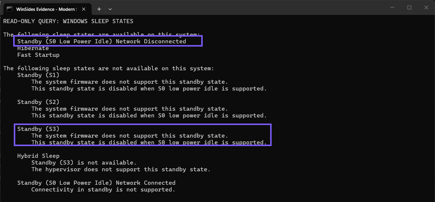 Windows Terminal sleep-state list with S0 Low Power Idle available and traditional S3 unavailable outlined in WinSides purple