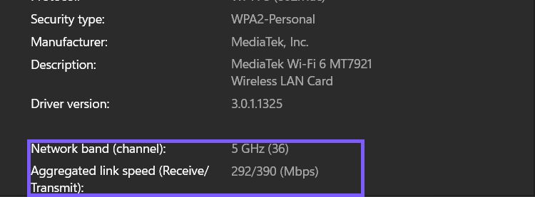 Windows 11 connected-network properties showing Link speed Receive and Transmit outlined in purple