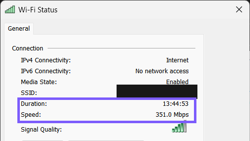 Wi-Fi Status dialog showing the current adapter Speed outlined in purple