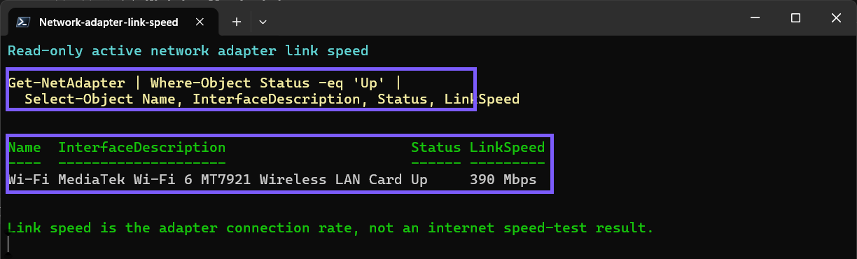 PowerShell showing an active network adapter and its LinkSpeed outlined in purple