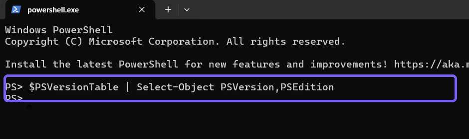 Windows PowerShell PSVersionTable command outlined in purple