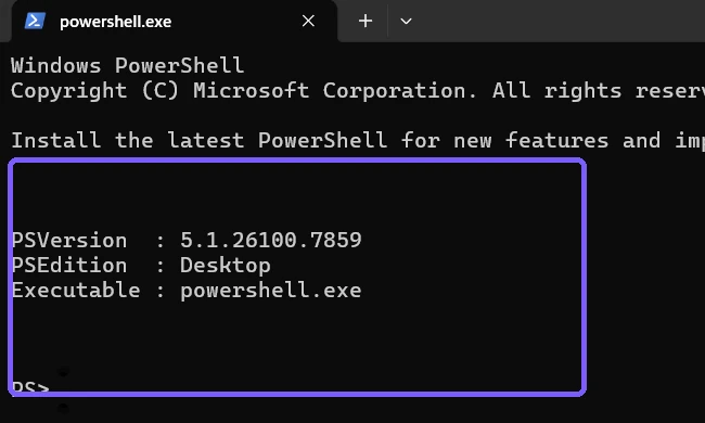Windows PowerShell version 5.1.26100.7859 Desktop result outlined in purple
