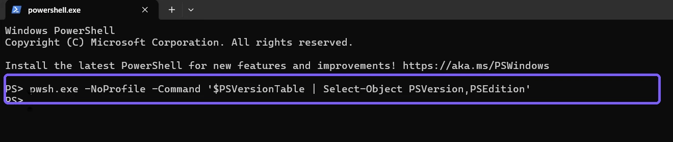 Explicit pwsh PowerShell 7 version command outlined in purple