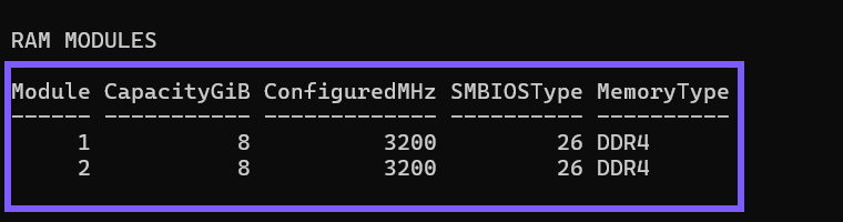 Windows PowerShell showing two 8 GiB RAM modules configured at 3200 MHz with SMBIOS type 26 decoded as DDR4, outlined in WinSides purple