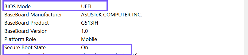System Information showing UEFI BIOS Mode and Secure Boot State On outlined in purple