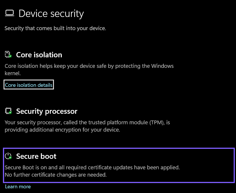 Windows Security Device security page showing Secure Boot is on and certificate updates are applied outlined in purple