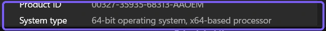 Windows 11 About page showing the System type row outlined in purple