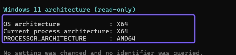 PowerShell reporting X64 OS and process architecture plus AMD64 environment architecture outlined in purple