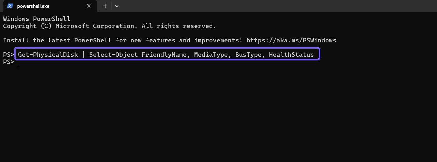 PowerShell showing the Get-PhysicalDisk media inventory command