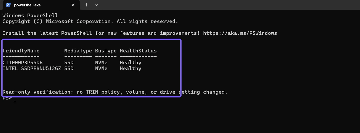 PowerShell physical disk results showing SSD and NVMe media with healthy status